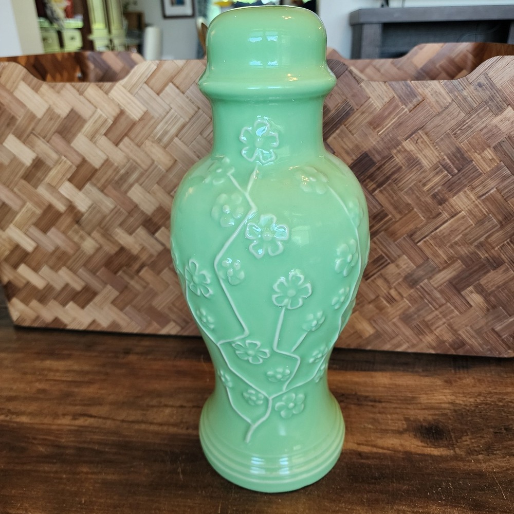 Vintage Light Green Ceramic Lamp Base Floral Design Base Only No Cord Or Socket